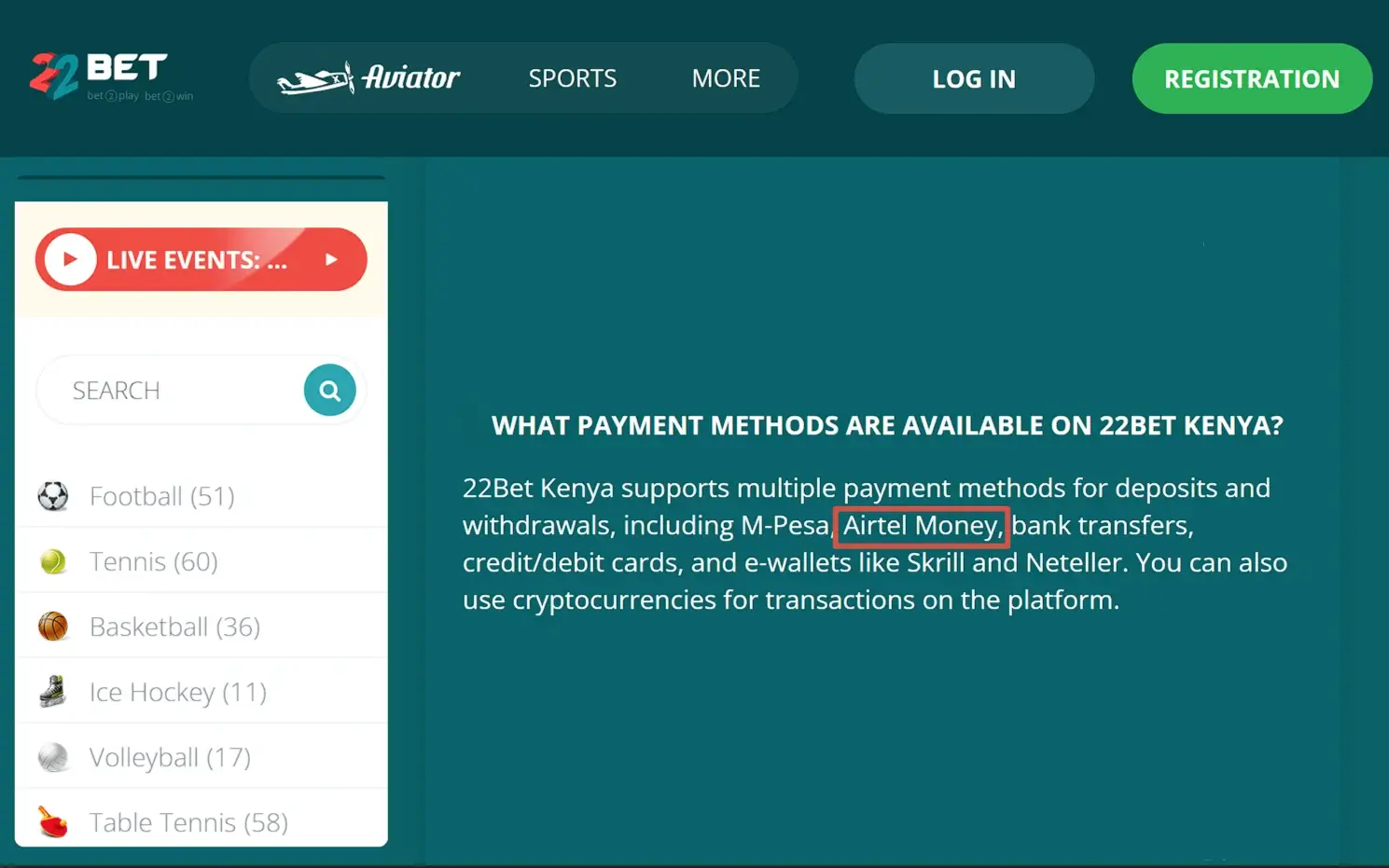 Does 22bet Kenya accept Airtel Money?