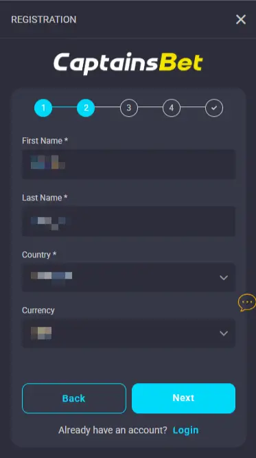 CaptainsBet Registration Step 2