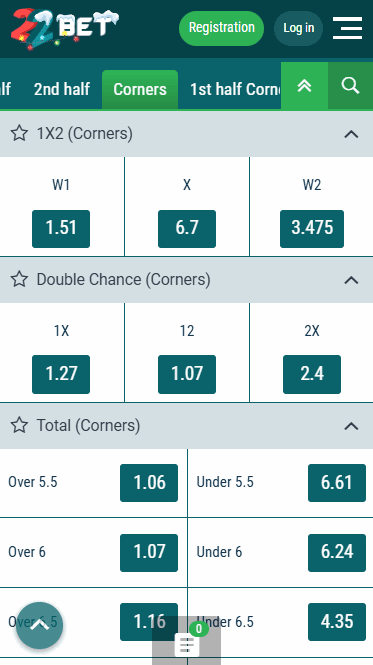 22Bet Corner Betting