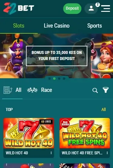 22Bet Online Casino Main Lobby View