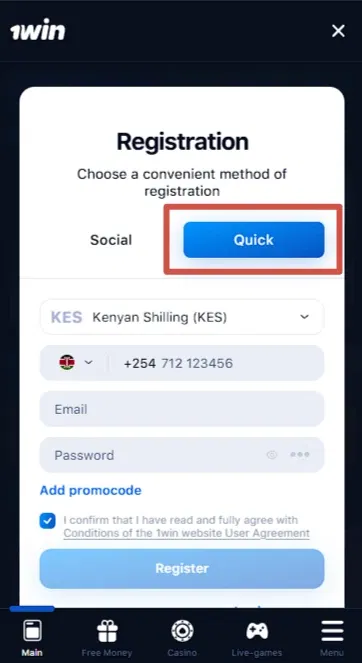 1win Kenya Quick Registration