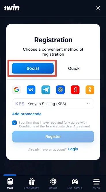 How to register on 1win Kenya via social media?