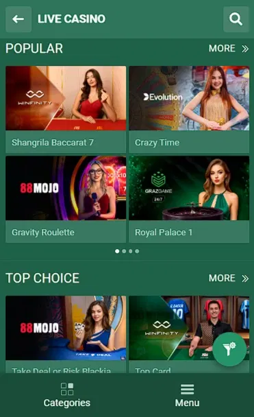 Betwinner live casino games