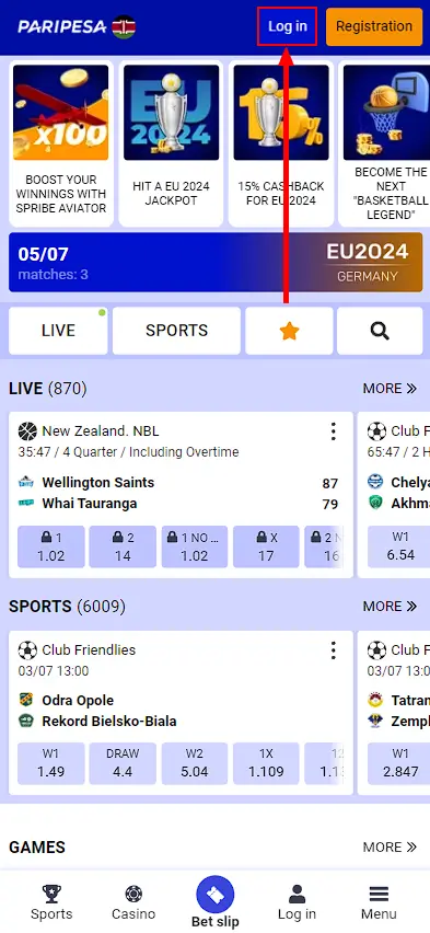 Paripesa login button 