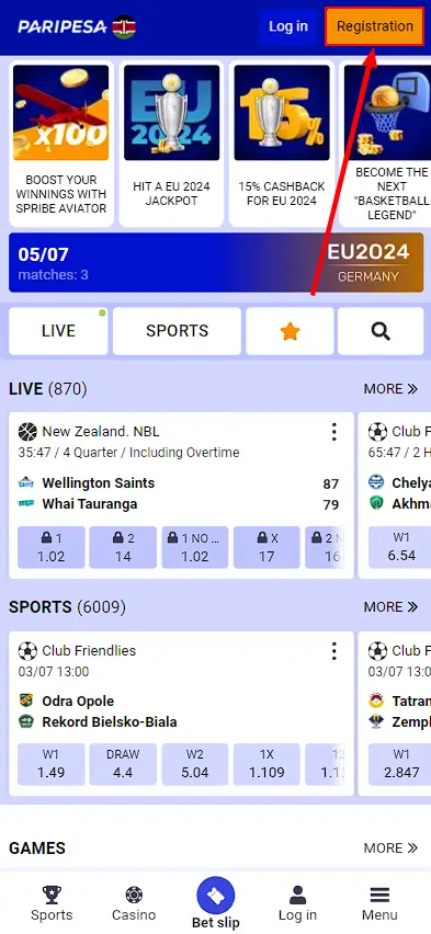 Paripesa registration button 