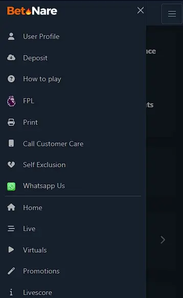 BetNare mobile version of the site