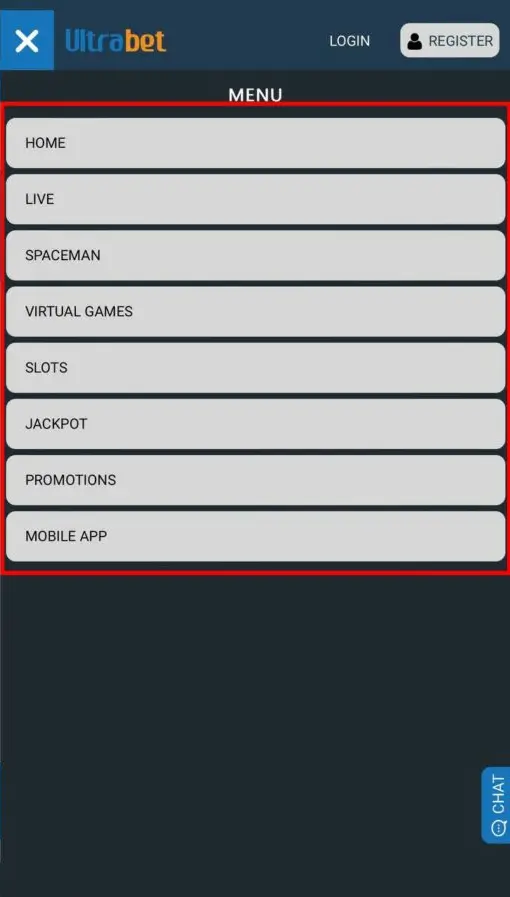 UltraBet side menu