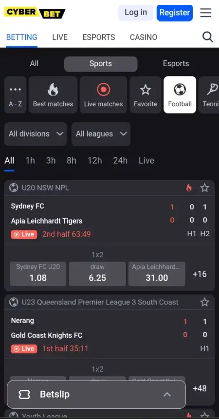 Cyberbet mobile sports page