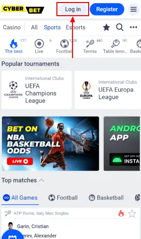 Autorisation button on the Cyber Bet mobile site