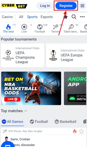 Registration button on the Cyber Bet mobile site