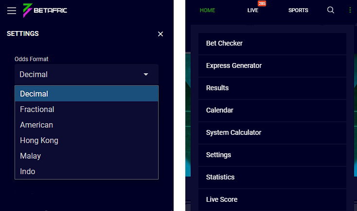 Betafriq settings 