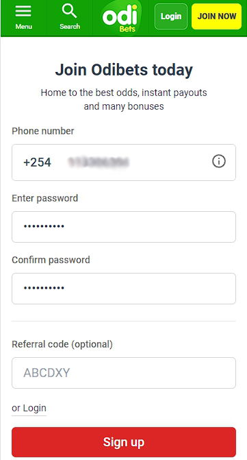 Odibet registration page
