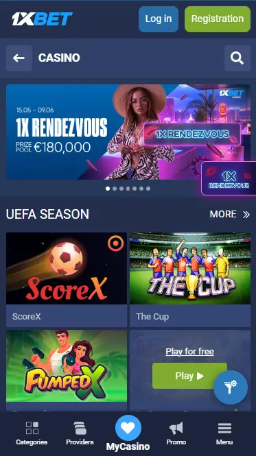 Casino in the 1xBet app on Android