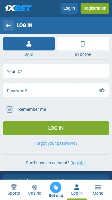 Log In form in 1xBet mobile app
