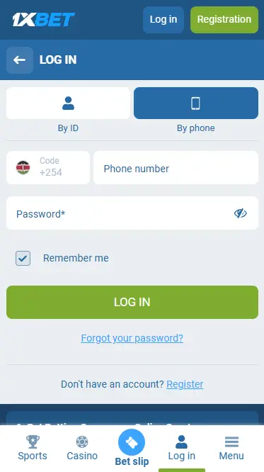Log In form in 1xBet mobile app