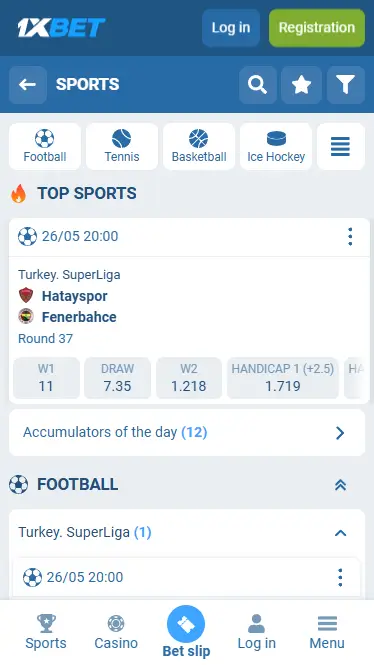 Sport in the 1xBet app on Android