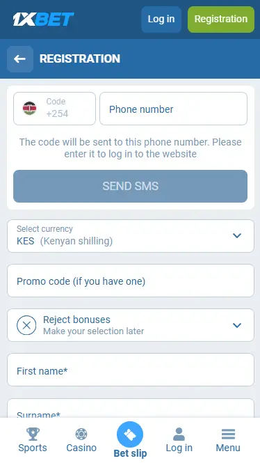 1xBet Registration Process iOS App Form