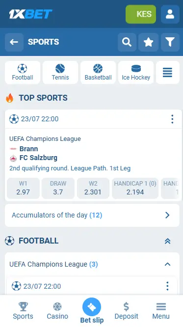 1xBet iOS App Sports Betting Page Kenya