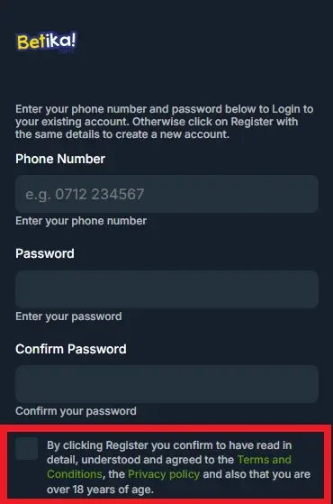 Betika Android App Terms And Conditions Checkbox