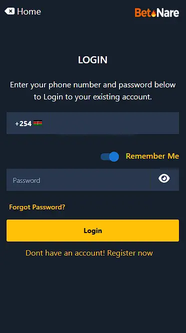 BetNare Login Form