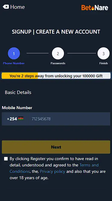 BetNare Registration 1st Step