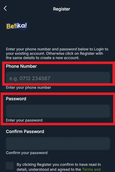 Betika Android App Registration Form Fields