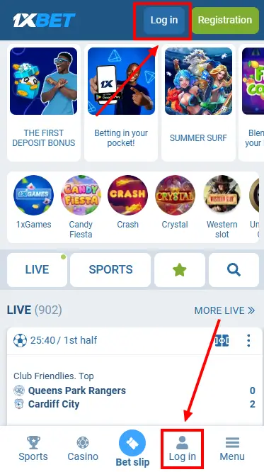 1xBet - Log In Button iOS App Kenya