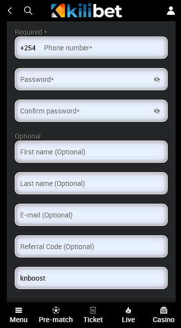 Kilibet registration page