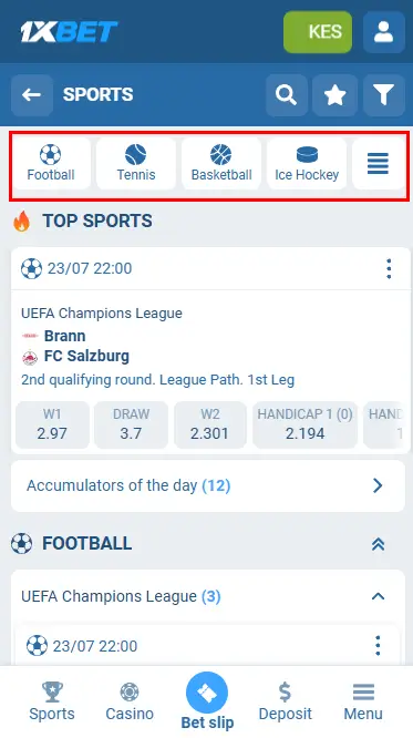 1xBet - Sports Available In The App iOS Kenya