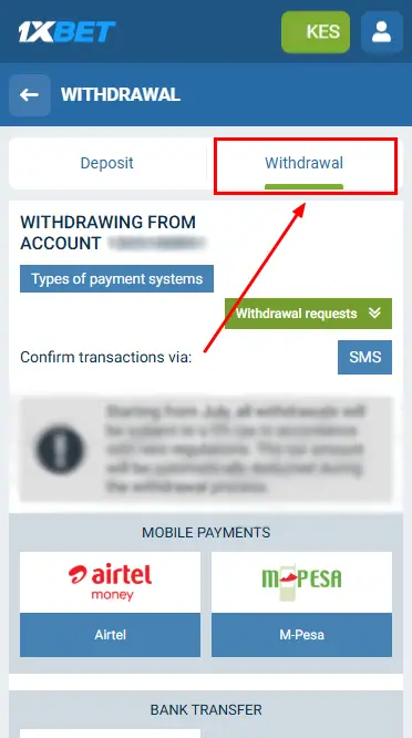1xBet - Withdraw Methods iOS App Kenya Page