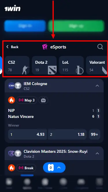 1win iOS Kenya - E-Sports Page