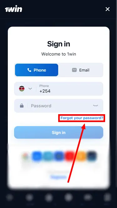 1win iOS App Kenya - Forgot Password Button