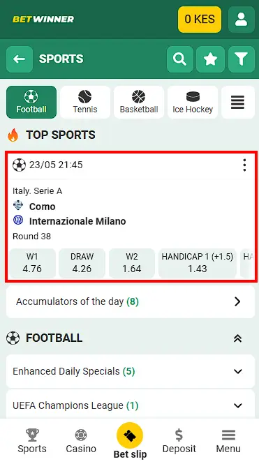 sports betting in the betwinner mobile app