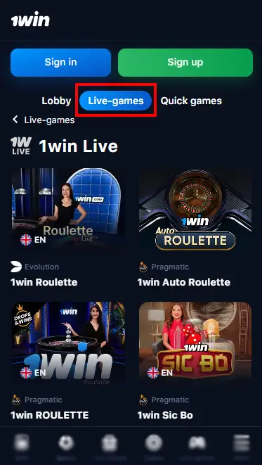 1win iOS Kenya - Live Casino Page