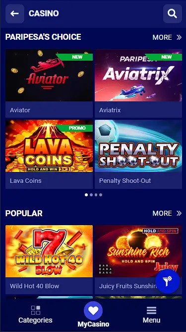 Paripesa Casino Page