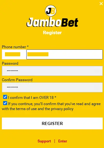 JamboBet registration form 