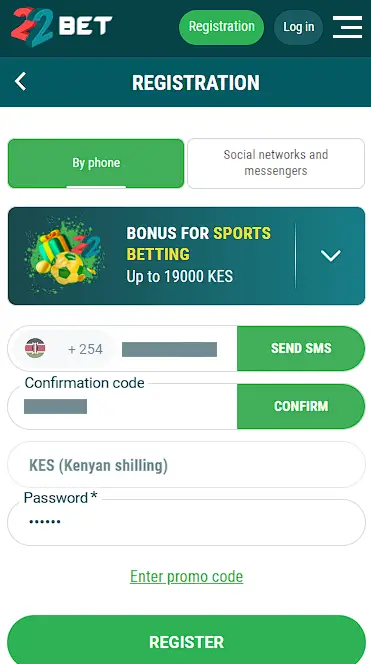 22bet registration form in the mobile app