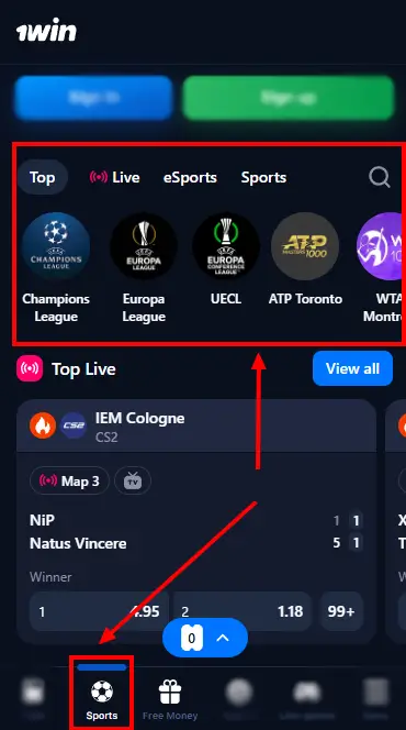 1win iOS Kenya - Sports Page
