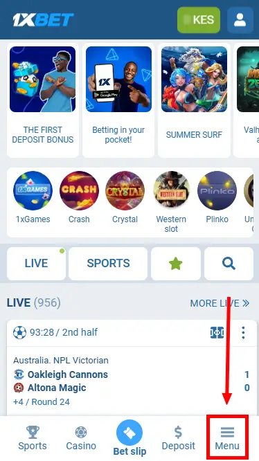 1xBet Bonus - Menu Button
