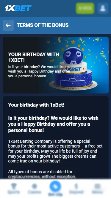 1xBet Bonua Kenya - Birthday Bonus Page