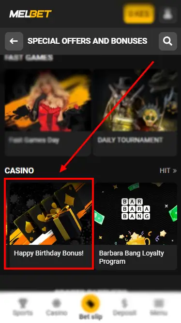 Birthday Bonus Button At Melbet Site For Casino
