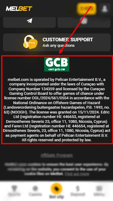 Melbet License Section At Website
