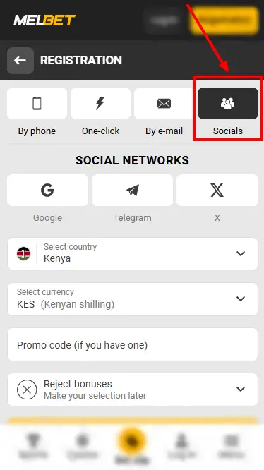 Registration Form By Social Networks At Melbet