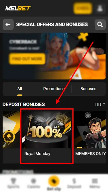 Royal Monday Bonus Button At Melbet