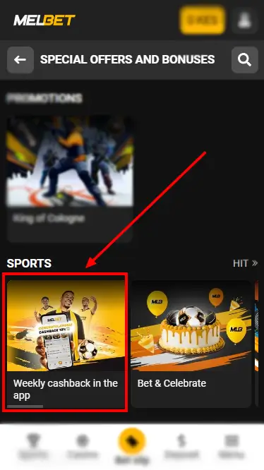 Weekly Cashback Button At Melbet Site