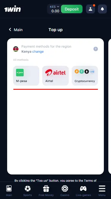 Selecting a payment method on 1win
