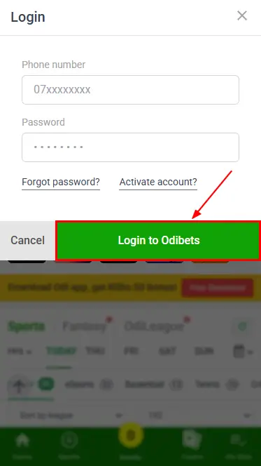 OdiBets Login Form