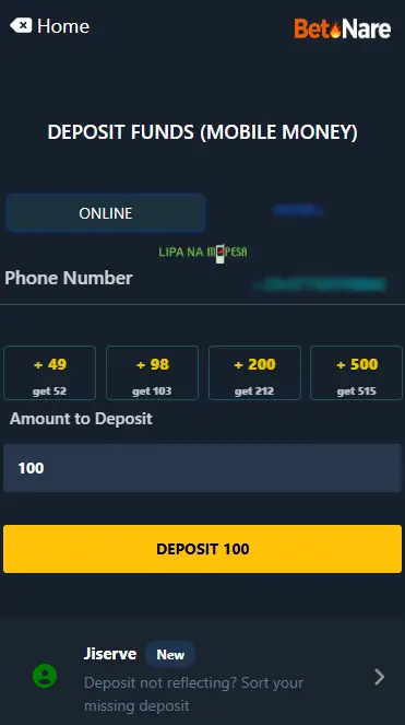 BetNare Deposit via Mpesa