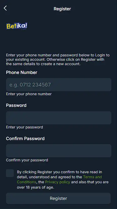 betika registration form