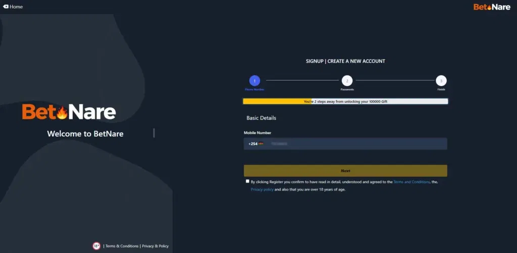 Betnare Registration Form on the Web